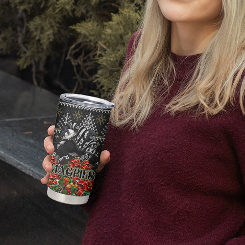 Personalized Magpies Football Christmas Tumbler Cup Australian Football Mascot - Ugly Xmas Pattern Festive