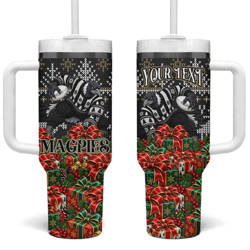 Personalized Magpies Football Christmas Tumbler With Handle Australian Football Mascot - Ugly Xmas Pattern Festive