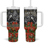 Personalized Magpies Football Christmas Tumbler With Handle Australian Football Mascot - Ugly Xmas Pattern Festive