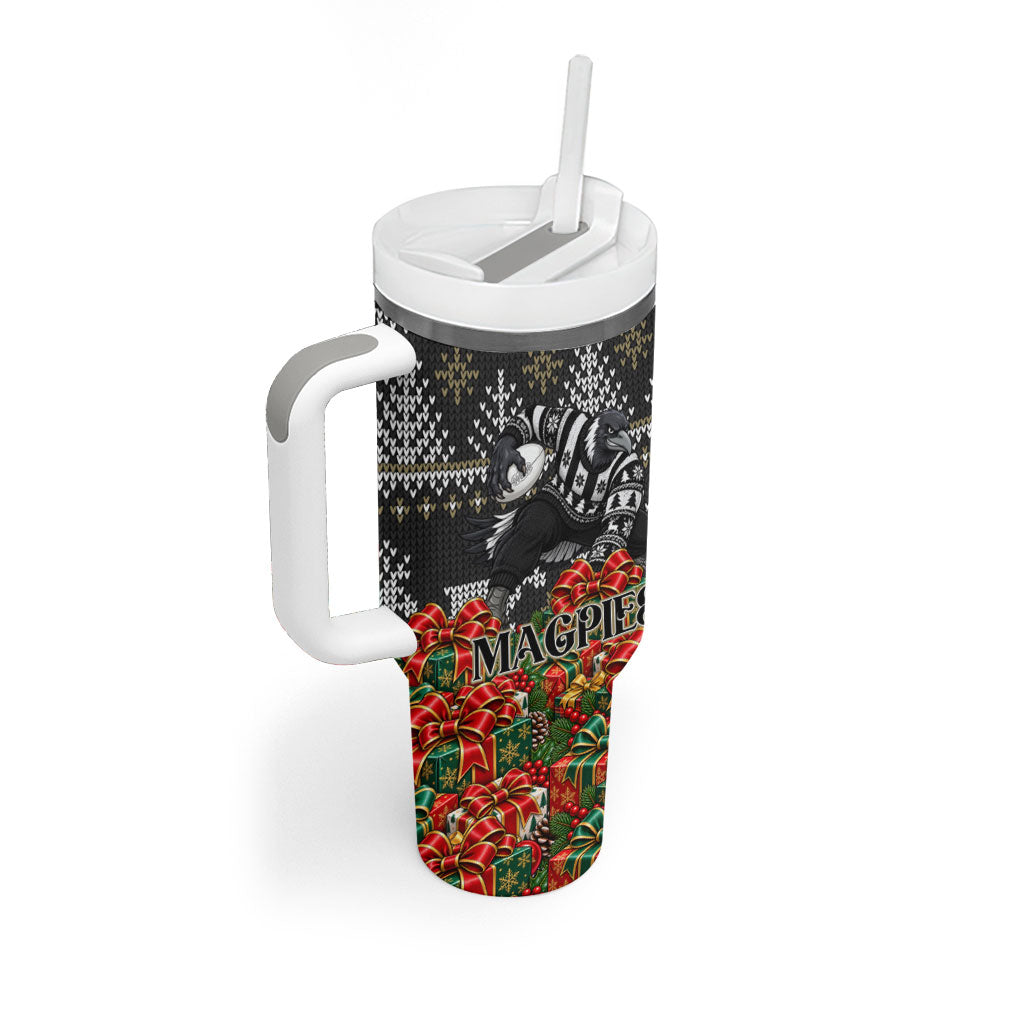 Personalized Magpies Football Christmas Tumbler With Handle Australian Football Mascot - Ugly Xmas Pattern Festive