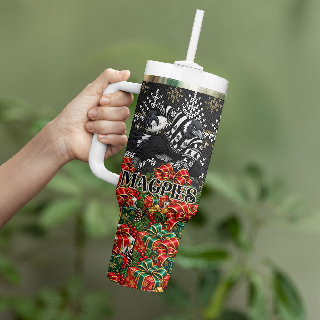Personalized Magpies Football Christmas Tumbler With Handle Australian Football Mascot - Ugly Xmas Pattern Festive