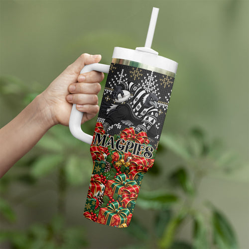Personalized Magpies Football Christmas Tumbler With Handle Australian Football Mascot - Ugly Xmas Pattern Festive