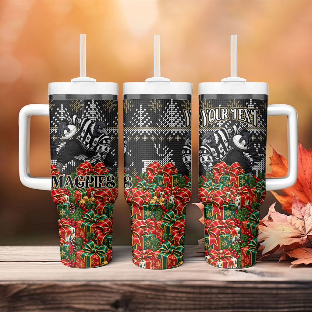 Personalized Magpies Football Christmas Tumbler With Handle Australian Football Mascot - Ugly Xmas Pattern Festive
