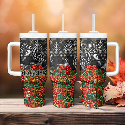 Personalized Magpies Football Christmas Tumbler With Handle Australian Football Mascot - Ugly Xmas Pattern Festive