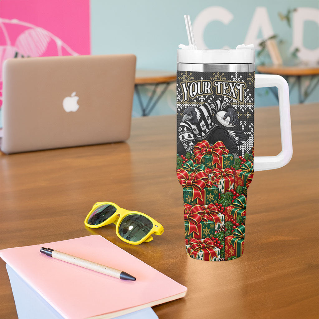 Personalized Magpies Football Christmas Tumbler With Handle Australian Football Mascot - Ugly Xmas Pattern Festive
