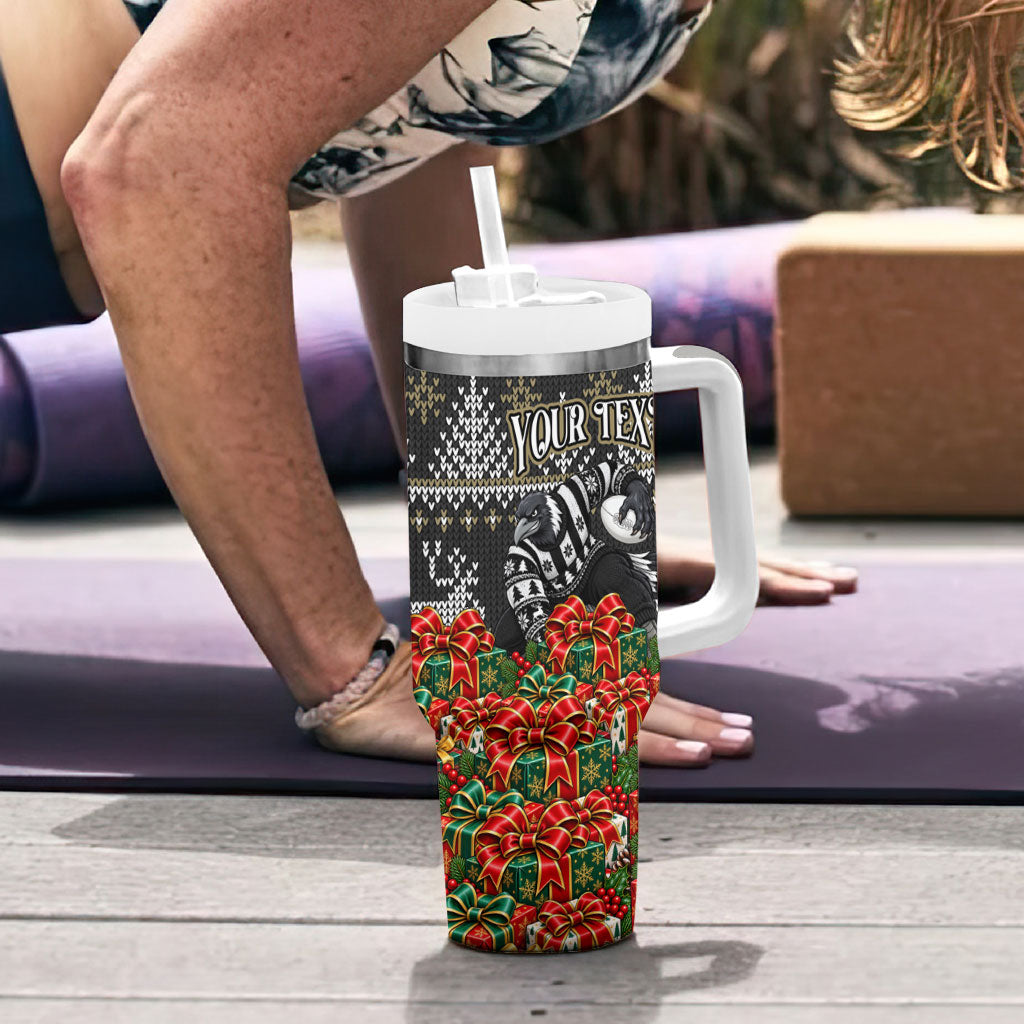 Personalized Magpies Football Christmas Tumbler With Handle Australian Football Mascot - Ugly Xmas Pattern Festive