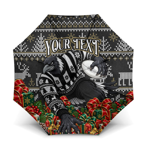 Personalized Magpies Football Christmas Umbrella Australian Football Mascot - Ugly Xmas Pattern Festive