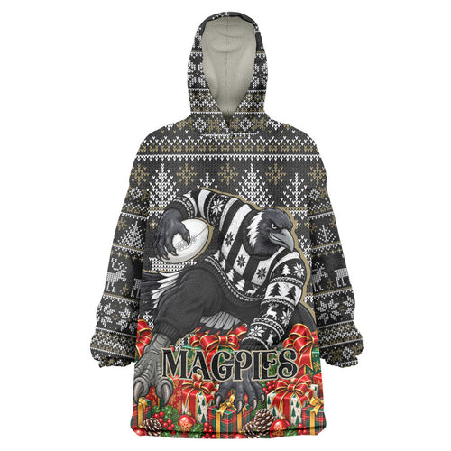 Personalized Magpies Football Christmas Wearable Blanket Hoodie Australian Football Mascot - Ugly Xmas Pattern Festive
