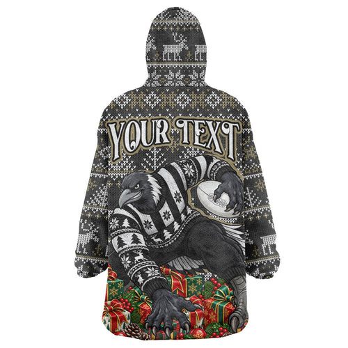 Personalized Magpies Football Christmas Wearable Blanket Hoodie Australian Football Mascot - Ugly Xmas Pattern Festive