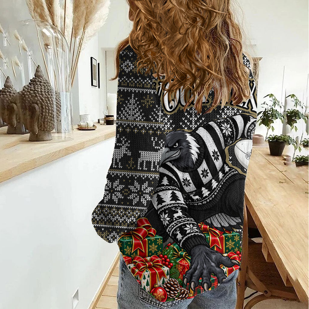 Personalized Magpies Football Christmas Women Casual Shirt Australian Football Mascot - Ugly Xmas Pattern Festive