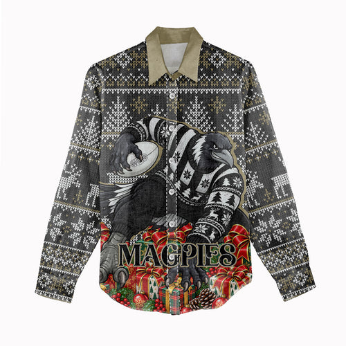 Personalized Magpies Football Christmas Women Casual Shirt Australian Football Mascot - Ugly Xmas Pattern Festive