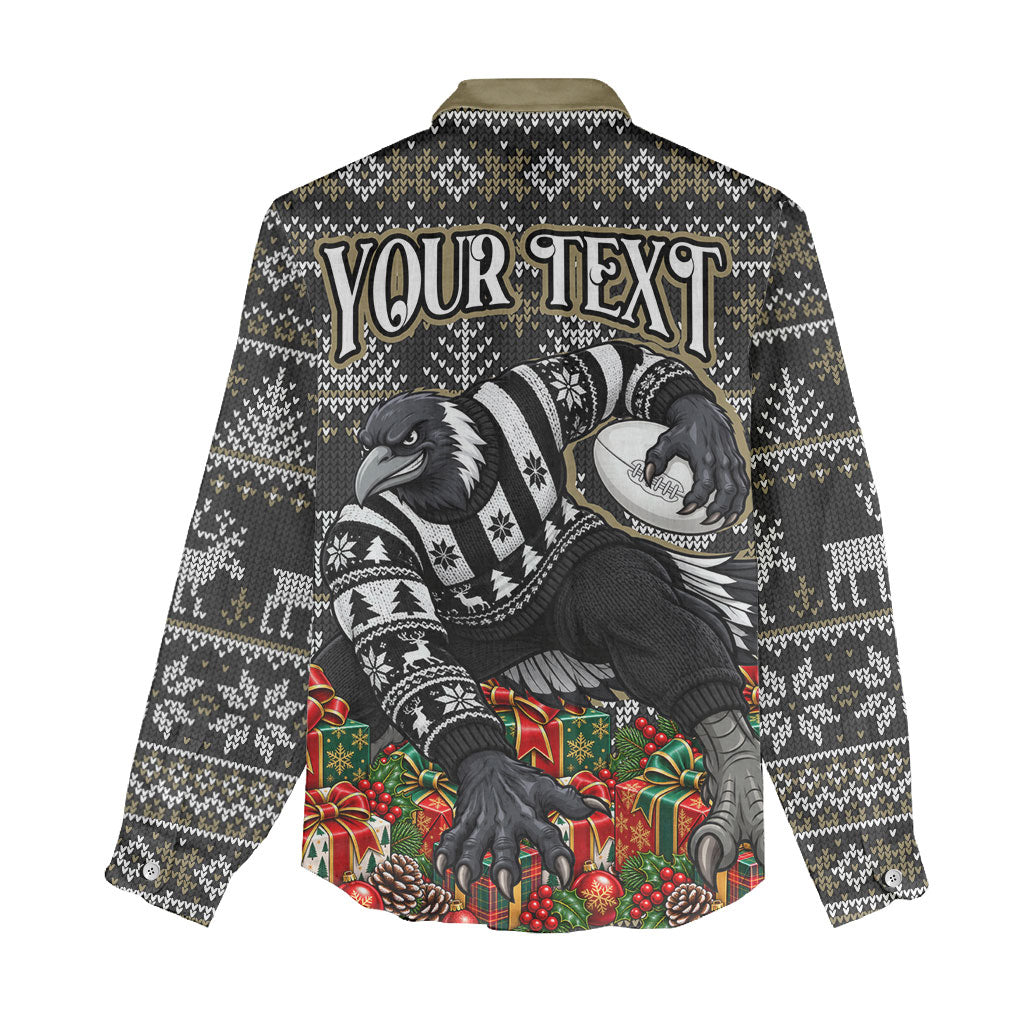 Personalized Magpies Football Christmas Women Casual Shirt Australian Football Mascot - Ugly Xmas Pattern Festive