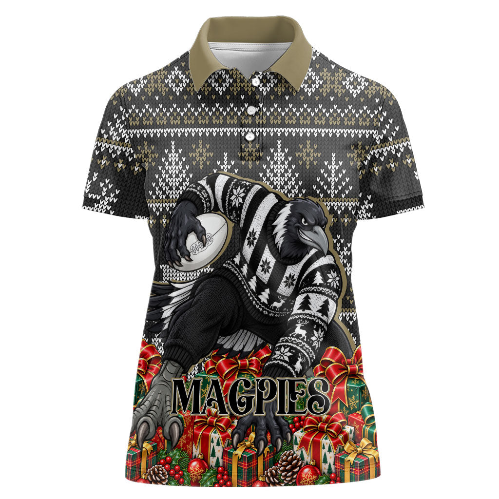 Personalized Magpies Football Christmas Women Polo Shirt Australian Football Mascot - Ugly Xmas Pattern Festive