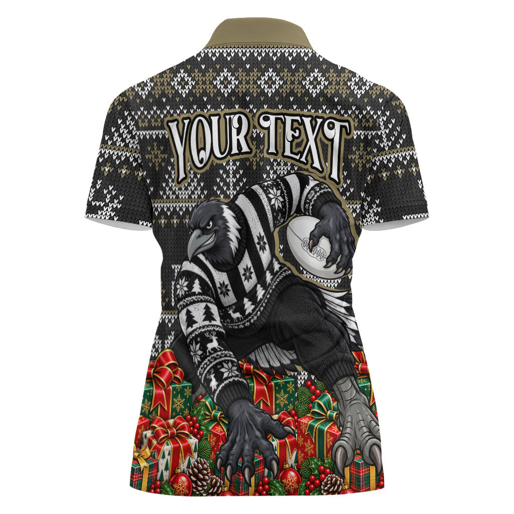 Personalized Magpies Football Christmas Women Polo Shirt Australian Football Mascot - Ugly Xmas Pattern Festive