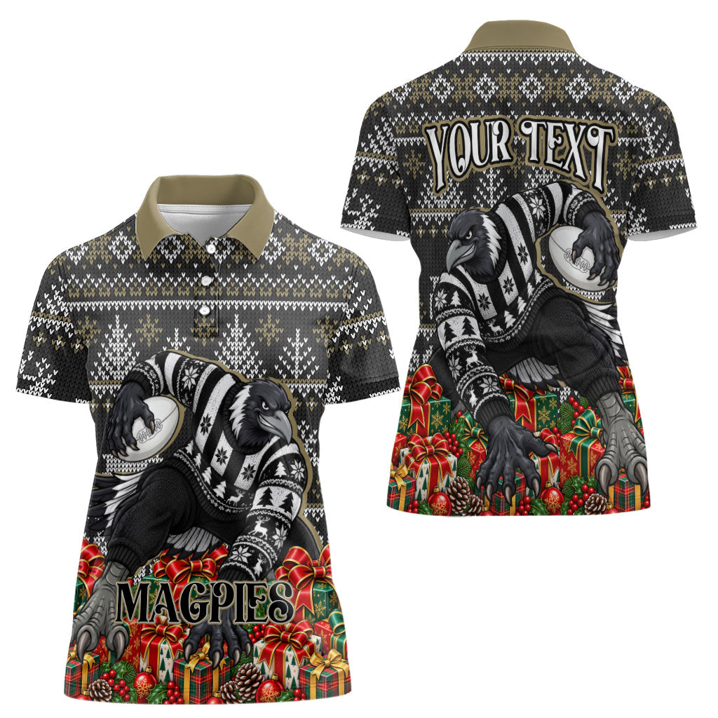 Personalized Magpies Football Christmas Women Polo Shirt Australian Football Mascot - Ugly Xmas Pattern Festive