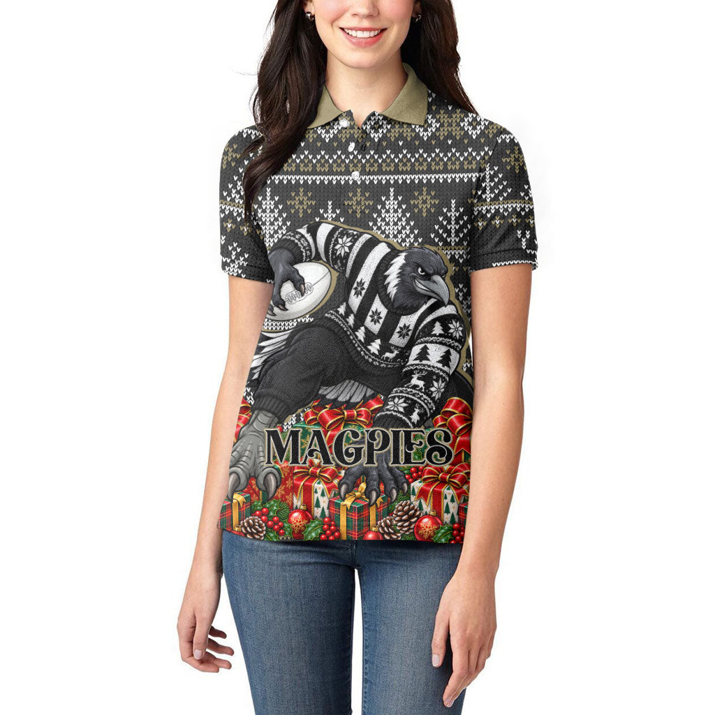 Personalized Magpies Football Christmas Women Polo Shirt Australian Football Mascot - Ugly Xmas Pattern Festive