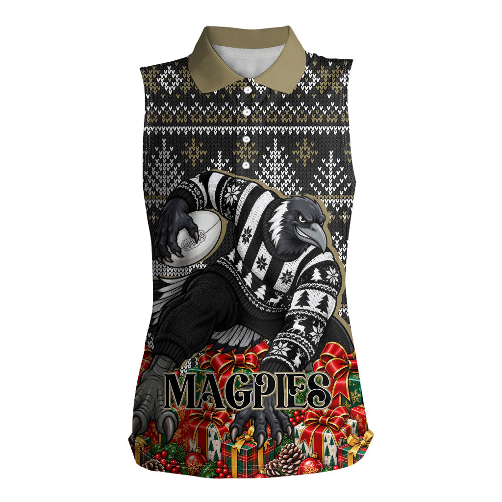 Personalized Magpies Football Christmas Women Sleeveless Polo Shirt Australian Football Mascot - Ugly Xmas Pattern Festive