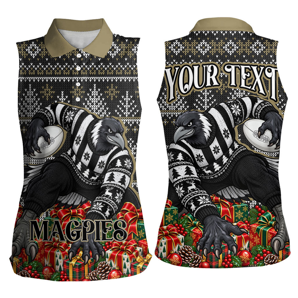 Personalized Magpies Football Christmas Women Sleeveless Polo Shirt Australian Football Mascot - Ugly Xmas Pattern Festive