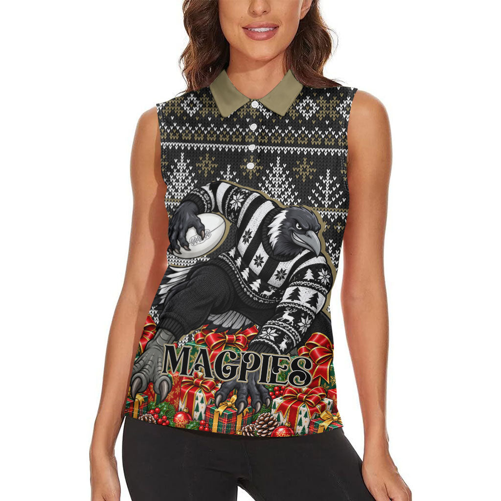 Personalized Magpies Football Christmas Women Sleeveless Polo Shirt Australian Football Mascot - Ugly Xmas Pattern Festive