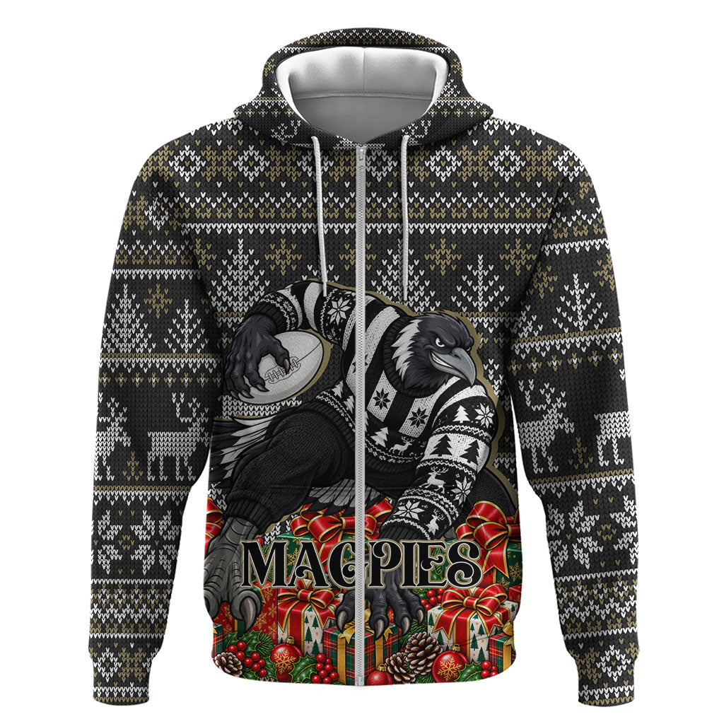 Personalized Magpies Football Christmas Zip Hoodie Australian Football Mascot - Ugly Xmas Pattern Festive