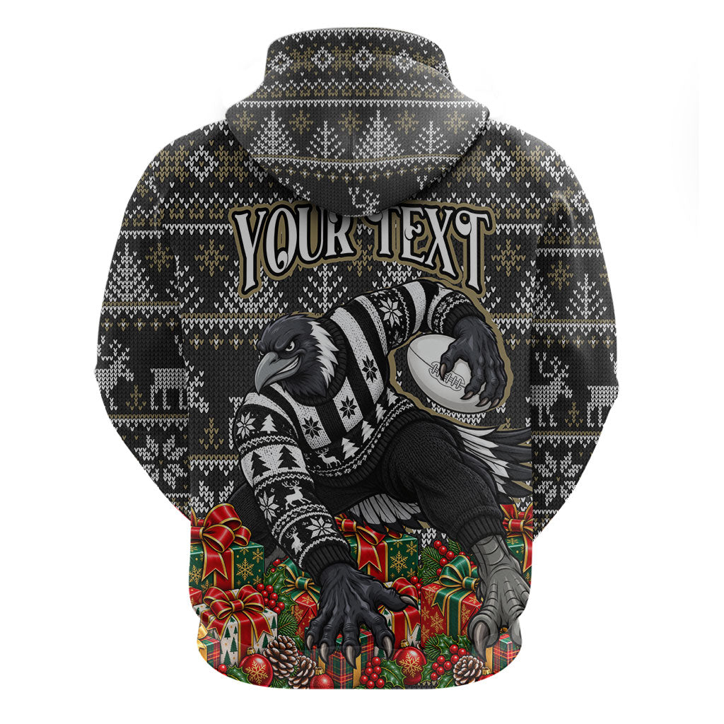 Personalized Magpies Football Christmas Zip Hoodie Australian Football Mascot - Ugly Xmas Pattern Festive