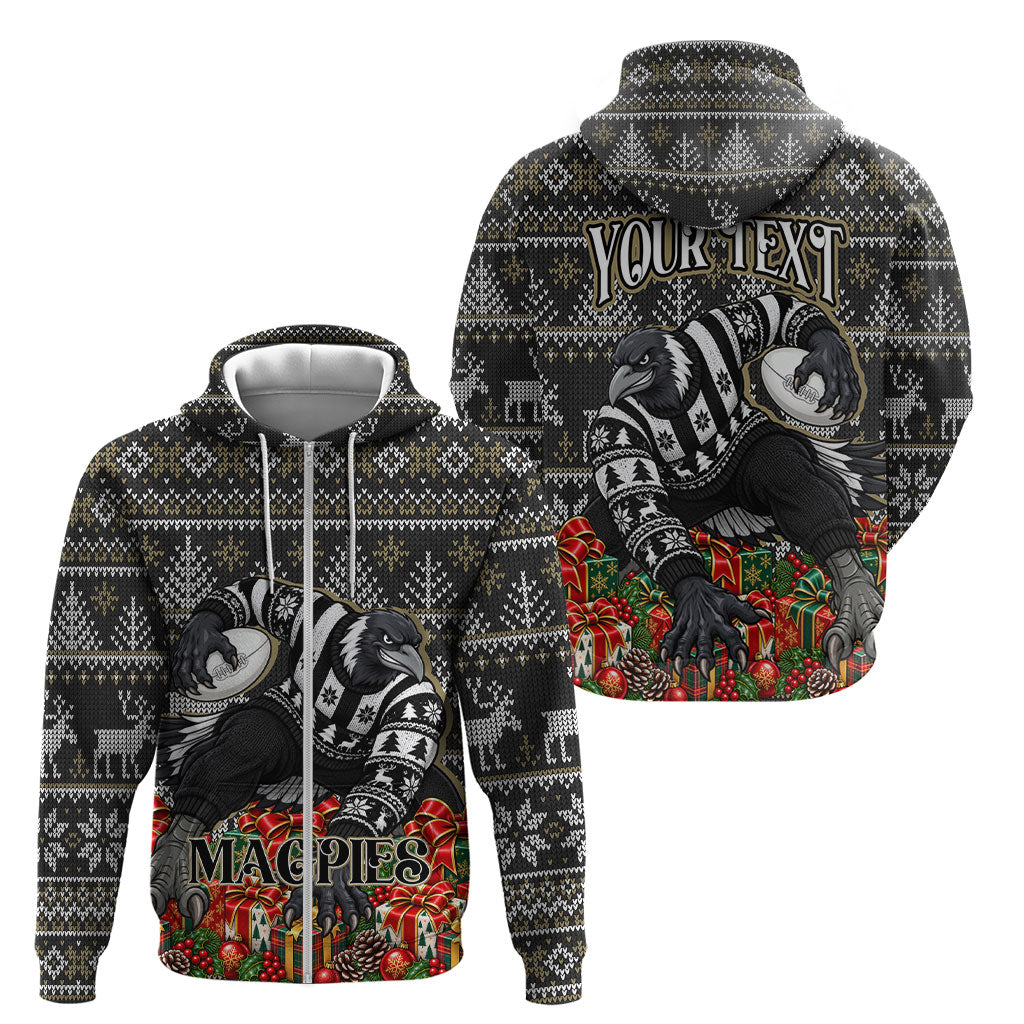 Personalized Magpies Football Christmas Zip Hoodie Australian Football Mascot - Ugly Xmas Pattern Festive