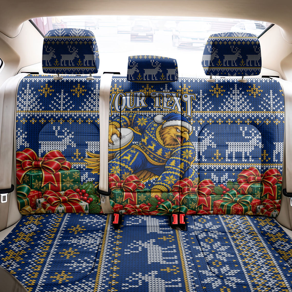 Personalized West Coast Eagles Football Christmas Back Car Seat Cover Australian Football Mascot - Ugly Christmas Pattern Festive