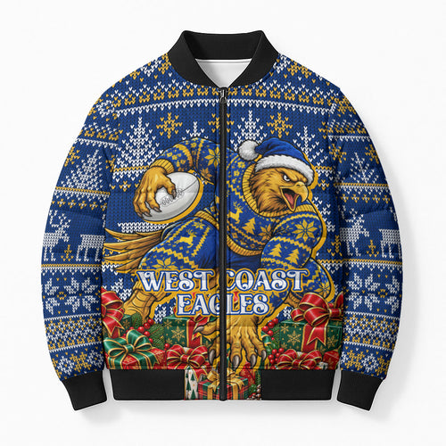 Personalized West Coast Eagles Football Christmas Bomber Puffer Jacket Australian Football Mascot - Ugly Christmas Pattern Festive