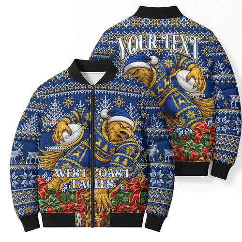 Personalized West Coast Eagles Football Christmas Bomber Puffer Jacket Australian Football Mascot - Ugly Christmas Pattern Festive