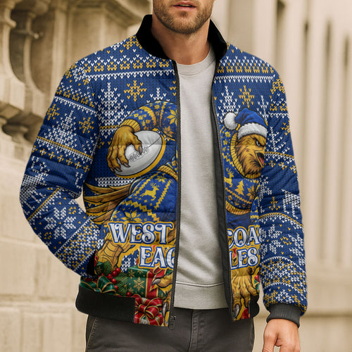 Personalized West Coast Eagles Football Christmas Bomber Puffer Jacket Australian Football Mascot - Ugly Christmas Pattern Festive