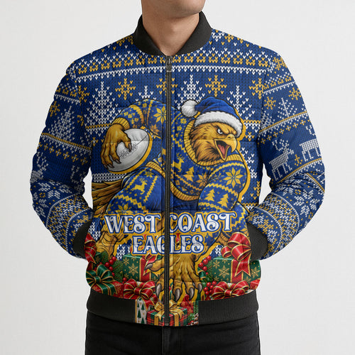 Personalized West Coast Eagles Football Christmas Bomber Puffer Jacket Australian Football Mascot - Ugly Christmas Pattern Festive