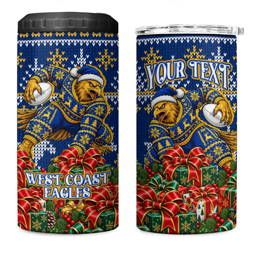 Personalized West Coast Eagles Football Christmas 4 in 1 Can Cooler Tumbler Australian Football Mascot - Ugly Christmas Pattern Festive