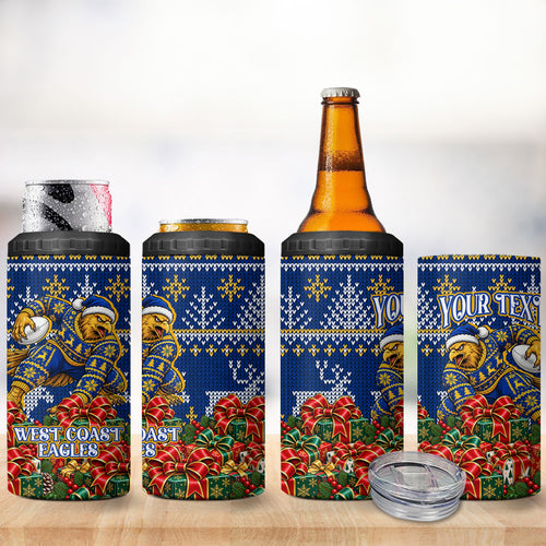 Personalized West Coast Eagles Football Christmas 4 in 1 Can Cooler Tumbler Australian Football Mascot - Ugly Christmas Pattern Festive