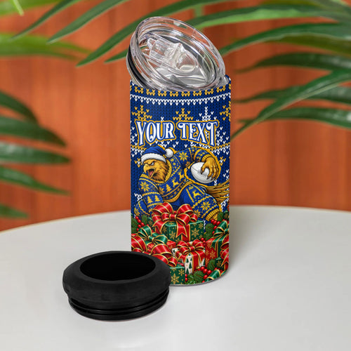 Personalized West Coast Eagles Football Christmas 4 in 1 Can Cooler Tumbler Australian Football Mascot - Ugly Christmas Pattern Festive