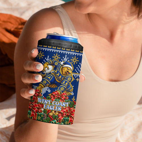Personalized West Coast Eagles Football Christmas 4 in 1 Can Cooler Tumbler Australian Football Mascot - Ugly Christmas Pattern Festive
