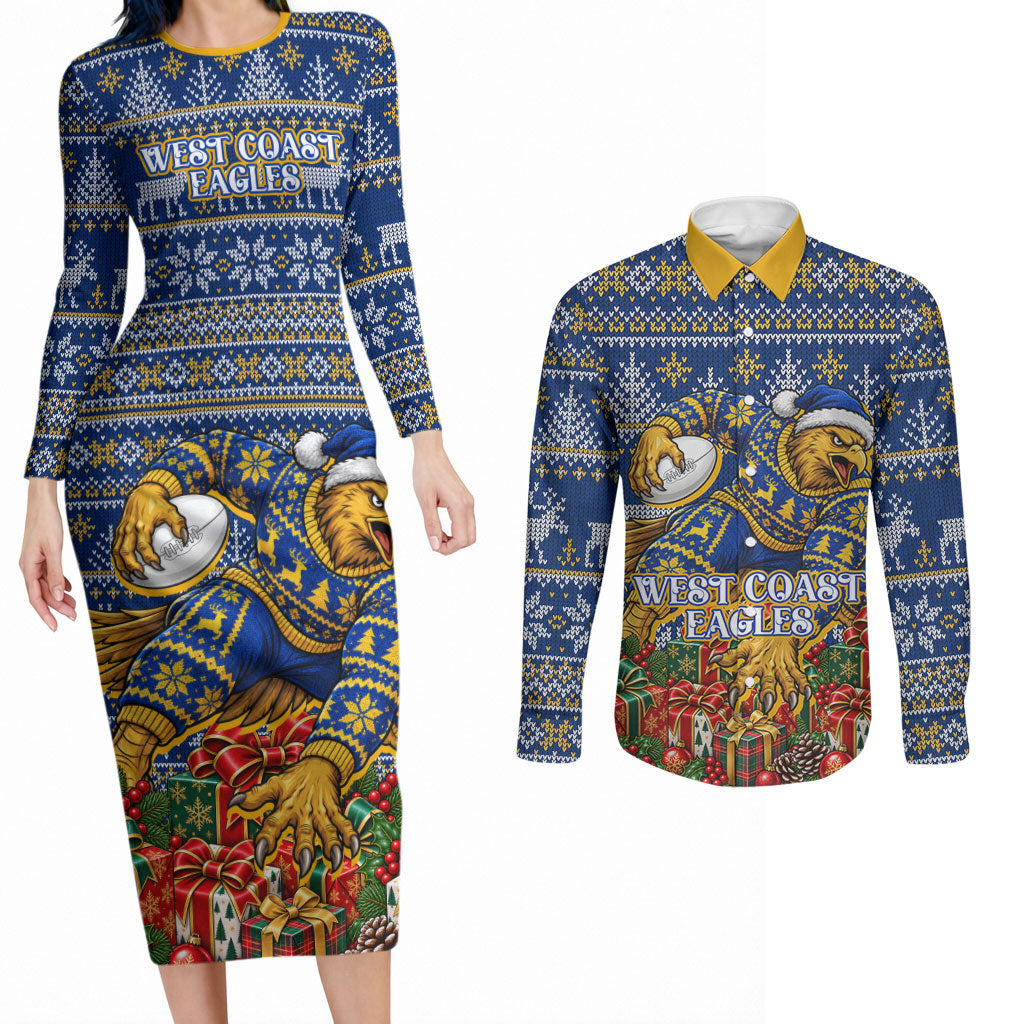 Personalized West Coast Eagles Football Christmas Couples Matching Long Sleeve Bodycon Dress and Long Sleeve Button Shirt Australian Football Mascot - Ugly Christmas Pattern Festive