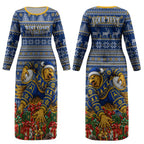 Personalized West Coast Eagles Football Christmas Couples Matching Long Sleeve Bodycon Dress and Long Sleeve Button Shirt Australian Football Mascot - Ugly Christmas Pattern Festive