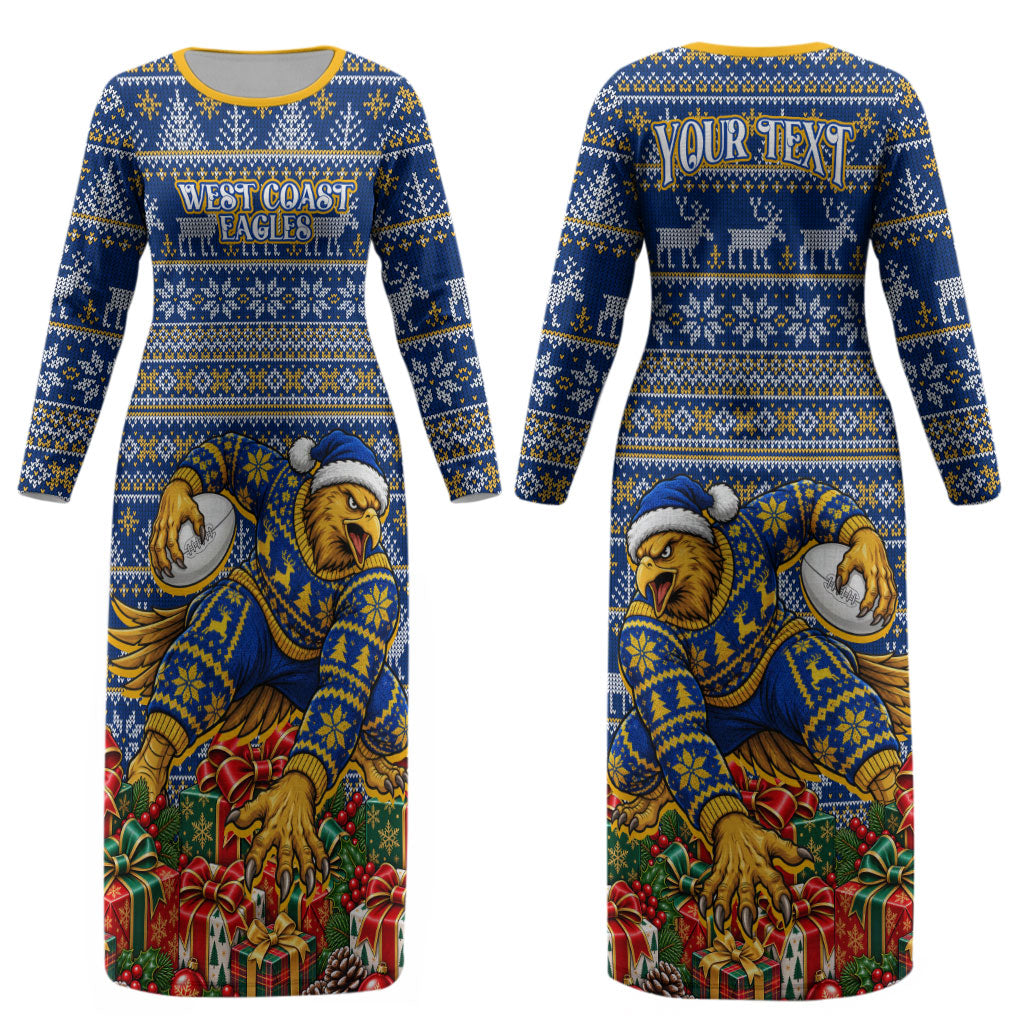 Personalized West Coast Eagles Football Christmas Couples Matching Long Sleeve Bodycon Dress and Long Sleeve Button Shirt Australian Football Mascot - Ugly Christmas Pattern Festive