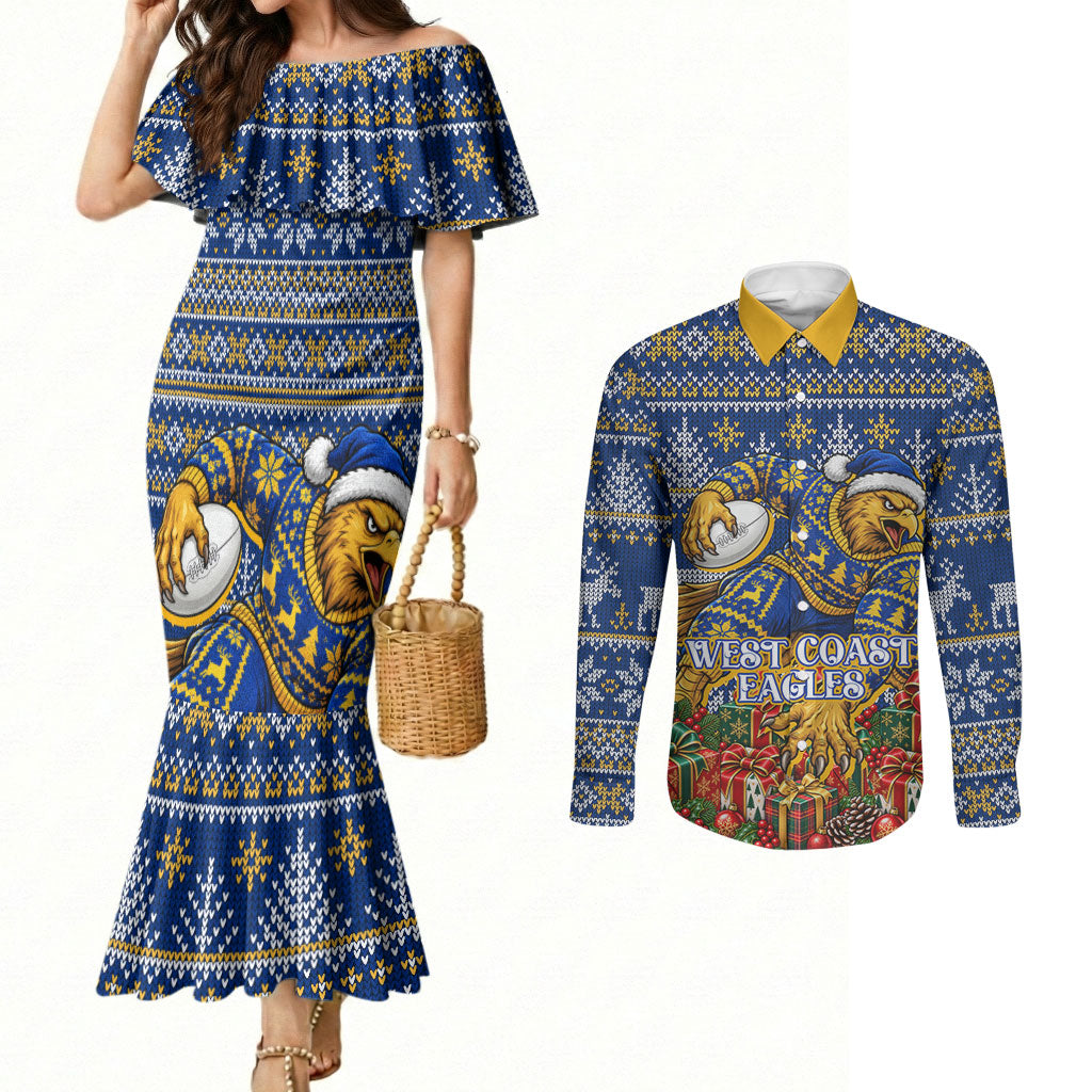 Personalized West Coast Eagles Football Christmas Couples Matching Mermaid Dress and Long Sleeve Button Shirt Australian Football Mascot - Ugly Christmas Pattern Festive