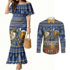 Personalized West Coast Eagles Football Christmas Couples Matching Mermaid Dress and Long Sleeve Button Shirt Australian Football Mascot - Ugly Christmas Pattern Festive