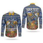 Personalized West Coast Eagles Football Christmas Couples Matching Mermaid Dress and Long Sleeve Button Shirt Australian Football Mascot - Ugly Christmas Pattern Festive