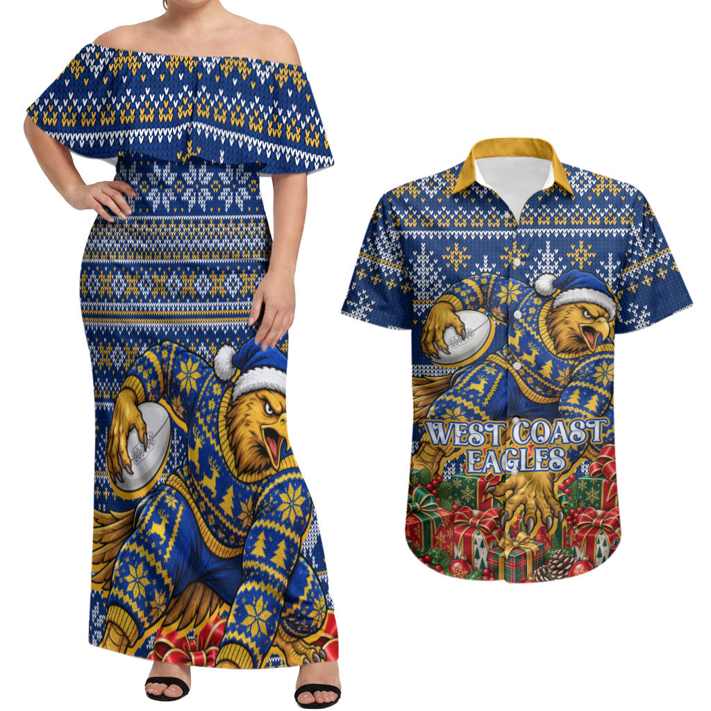 Personalized West Coast Eagles Football Christmas Couples Matching Off Shoulder Maxi Dress and Hawaiian Shirt Australian Football Mascot - Ugly Christmas Pattern Festive