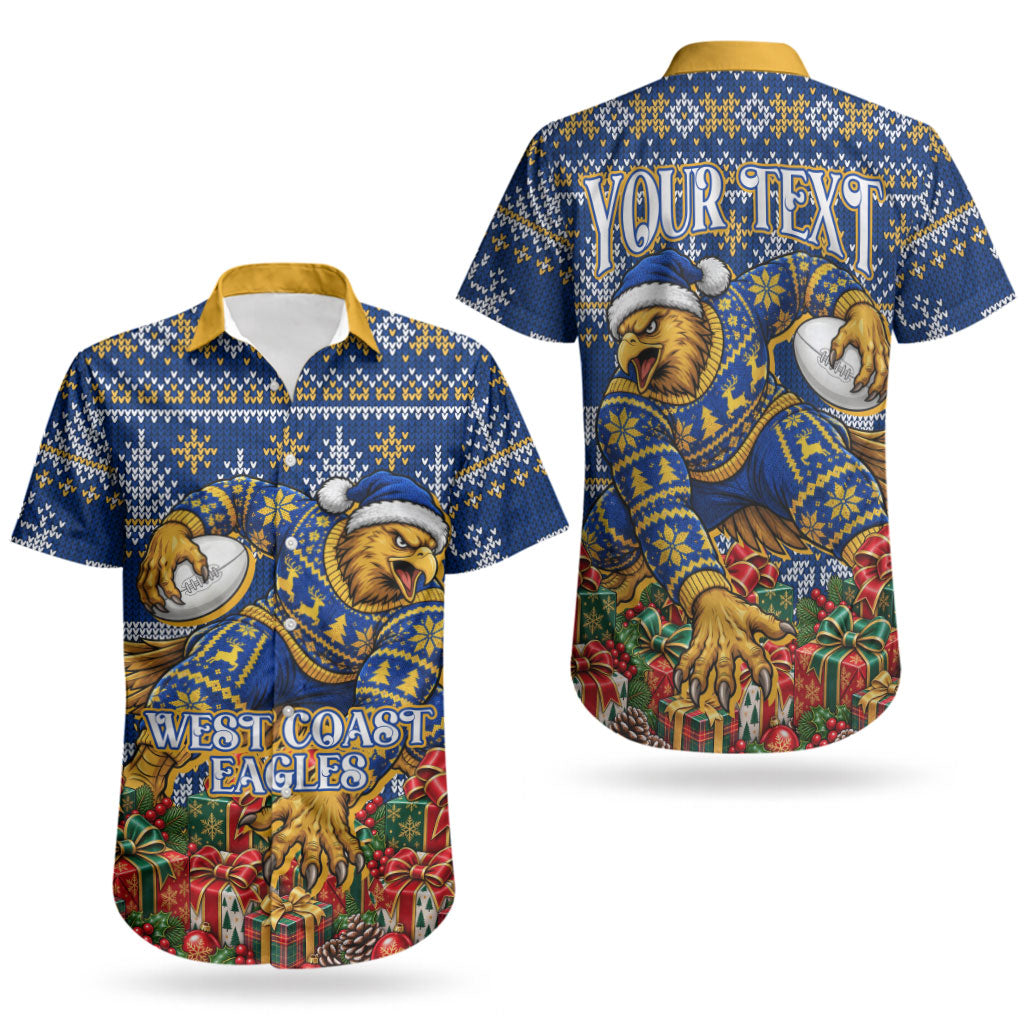 Personalized West Coast Eagles Football Christmas Couples Matching Off Shoulder Maxi Dress and Hawaiian Shirt Australian Football Mascot - Ugly Christmas Pattern Festive