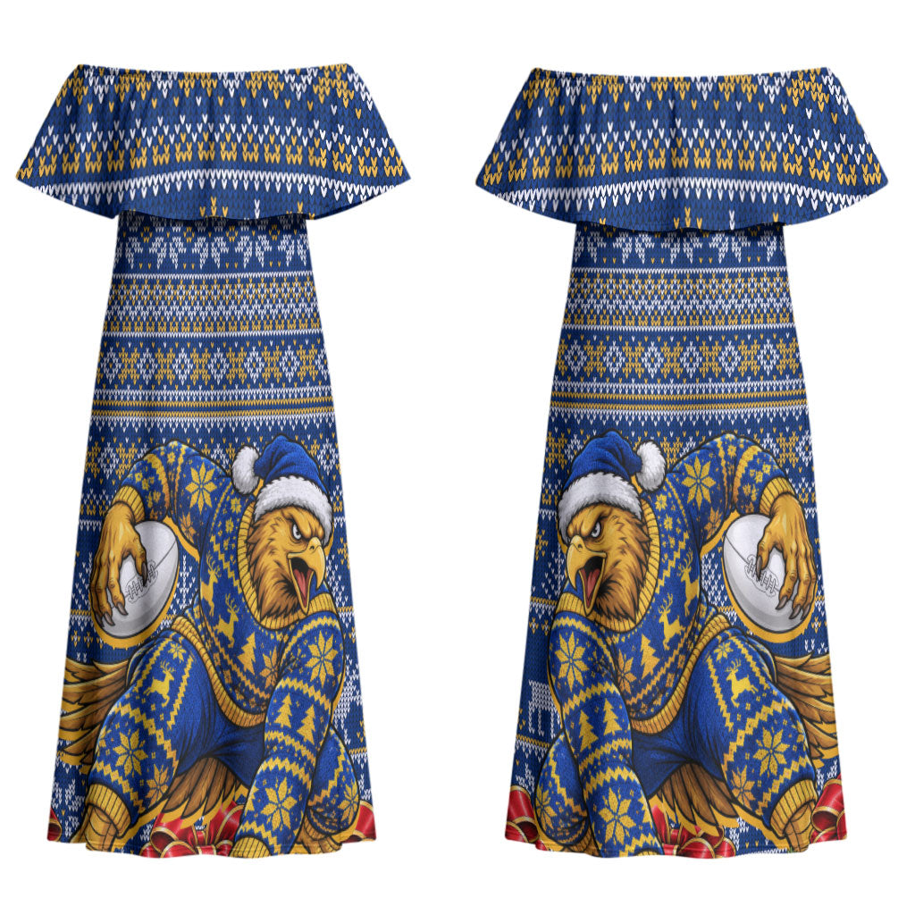 Personalized West Coast Eagles Football Christmas Couples Matching Off Shoulder Maxi Dress and Hawaiian Shirt Australian Football Mascot - Ugly Christmas Pattern Festive