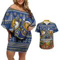 Personalized West Coast Eagles Football Christmas Couples Matching Off Shoulder Short Dress and Hawaiian Shirt Australian Football Mascot - Ugly Christmas Pattern Festive