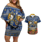 Personalized West Coast Eagles Football Christmas Couples Matching Off Shoulder Short Dress and Hawaiian Shirt Australian Football Mascot - Ugly Christmas Pattern Festive