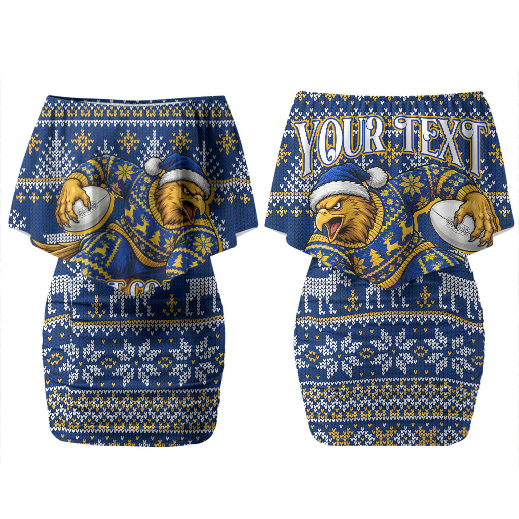 Personalized West Coast Eagles Football Christmas Couples Matching Off Shoulder Short Dress and Hawaiian Shirt Australian Football Mascot - Ugly Christmas Pattern Festive
