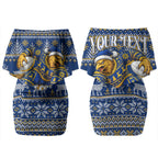 Personalized West Coast Eagles Football Christmas Couples Matching Off Shoulder Short Dress and Hawaiian Shirt Australian Football Mascot - Ugly Christmas Pattern Festive