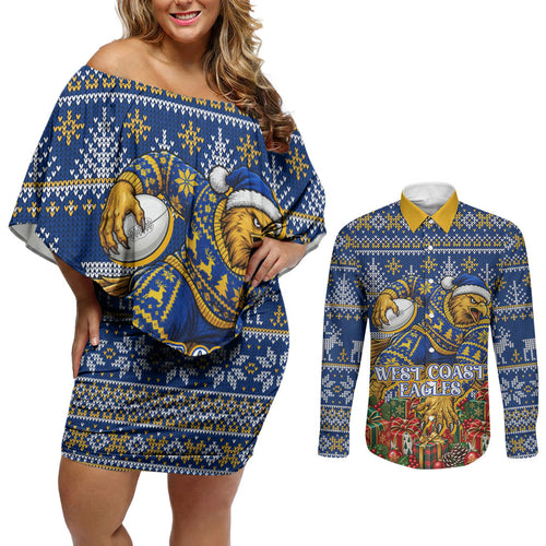 Personalized West Coast Eagles Football Christmas Couples Matching Off Shoulder Short Dress and Long Sleeve Button Shirt Australian Football Mascot - Ugly Christmas Pattern Festive