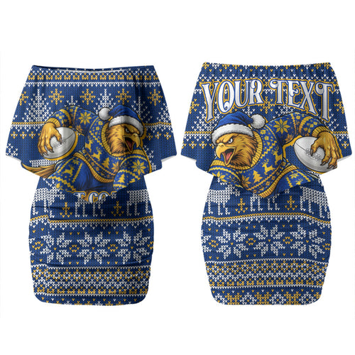 Personalized West Coast Eagles Football Christmas Couples Matching Off Shoulder Short Dress and Long Sleeve Button Shirt Australian Football Mascot - Ugly Christmas Pattern Festive
